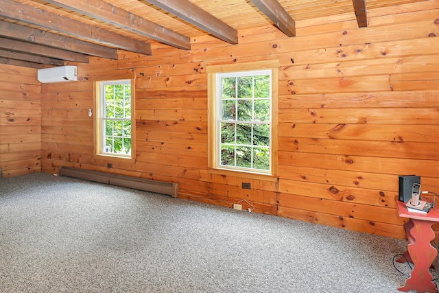 carpeted spare room with wood ceiling, baseboard heating, wooden walls, and beamed ceiling