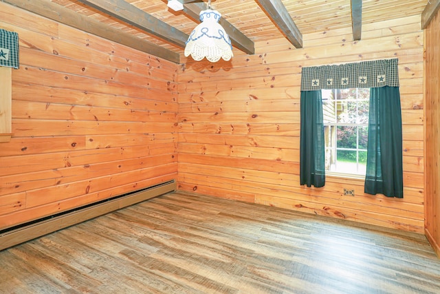 unfurnished room featuring wooden walls, a baseboard heating unit, wooden ceiling, and beam ceiling