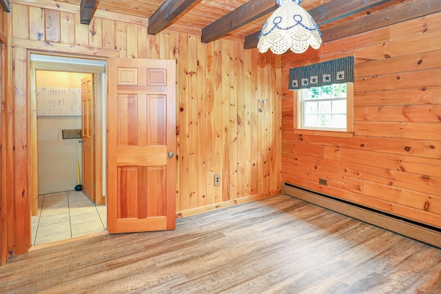 empty room featuring wood ceiling, wood walls, wood-type flooring, a baseboard heating unit, and beam ceiling