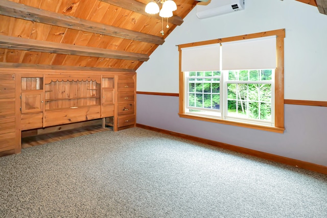 bonus room with ceiling fan, carpet flooring, lofted ceiling with beams, and wooden ceiling