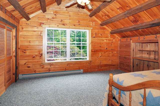 unfurnished bedroom featuring baseboard heating, wood walls, wood ceiling, and vaulted ceiling with beams