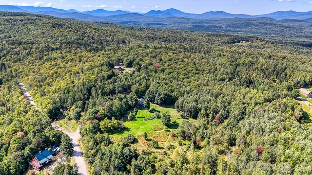 bird's eye view featuring a mountain view and a wooded view