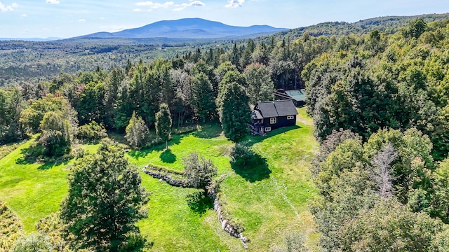 drone / aerial view featuring a mountain view and a view of trees
