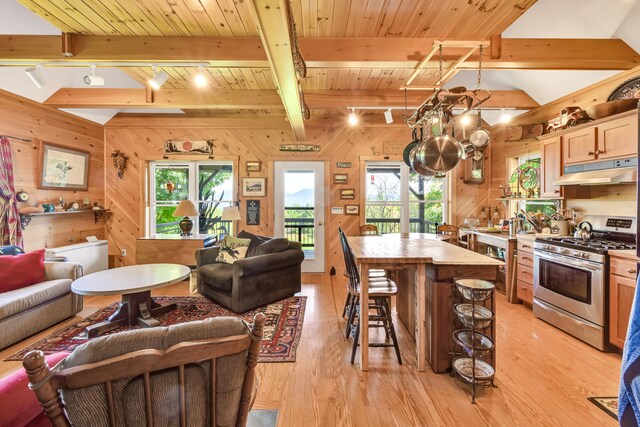 kitchen featuring a kitchen island, light hardwood / wood-style floors, rail lighting, stainless steel gas stove, and wooden walls