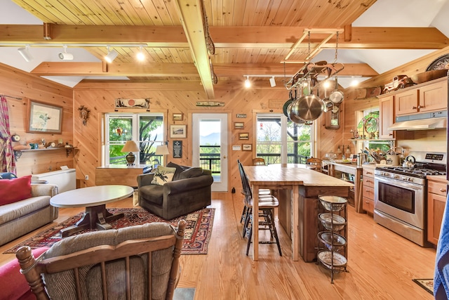 kitchen featuring gas stove, open floor plan, under cabinet range hood, and wood walls