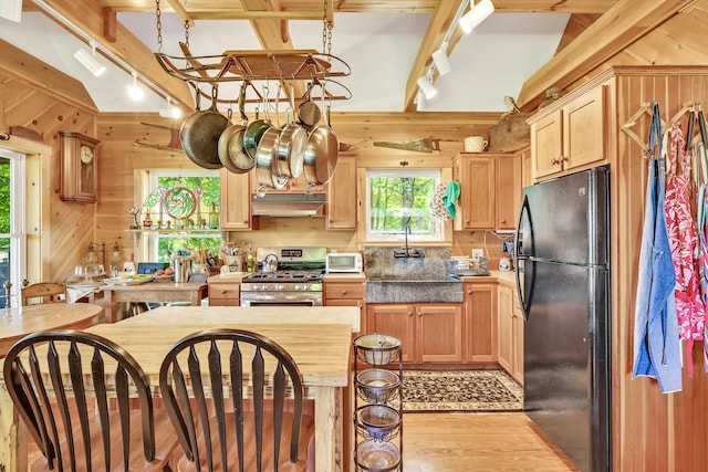 kitchen with stainless steel gas range oven, under cabinet range hood, a sink, freestanding refrigerator, and wood walls