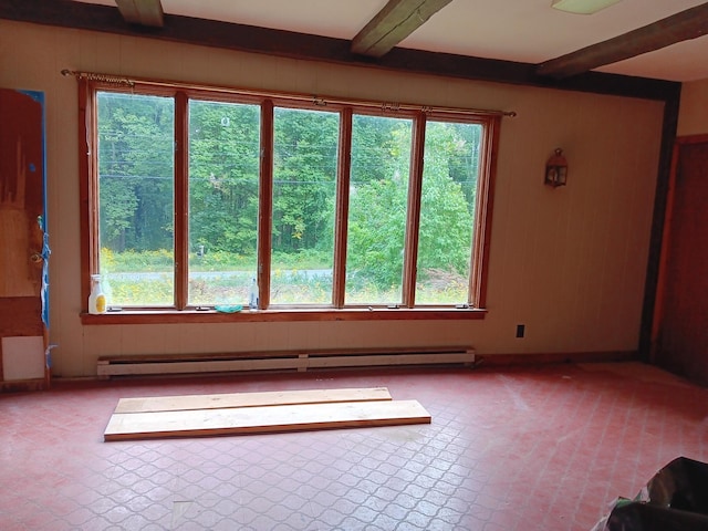 empty room featuring a wealth of natural light, beam ceiling, wood walls, and baseboard heating