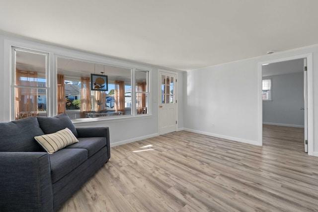 living room featuring crown molding and light hardwood / wood-style flooring