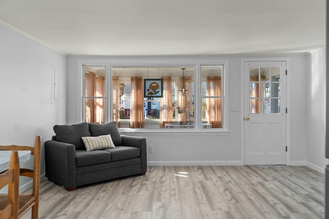 interior space with light wood-type flooring and crown molding