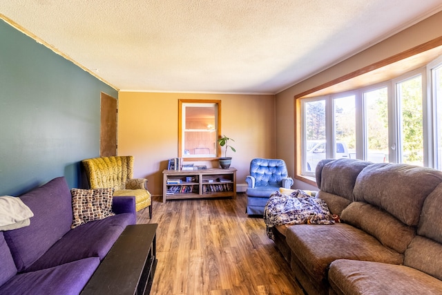 living room featuring hardwood / wood-style floors, ornamental molding, a baseboard heating unit, and a textured ceiling