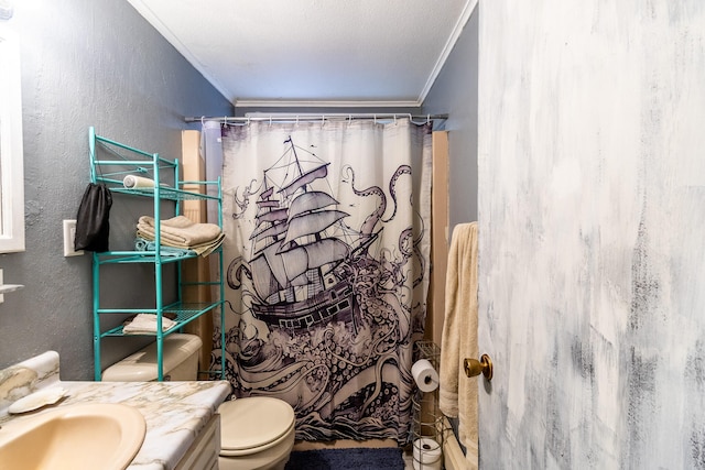 bathroom featuring crown molding, vanity, toilet, and a shower with shower curtain