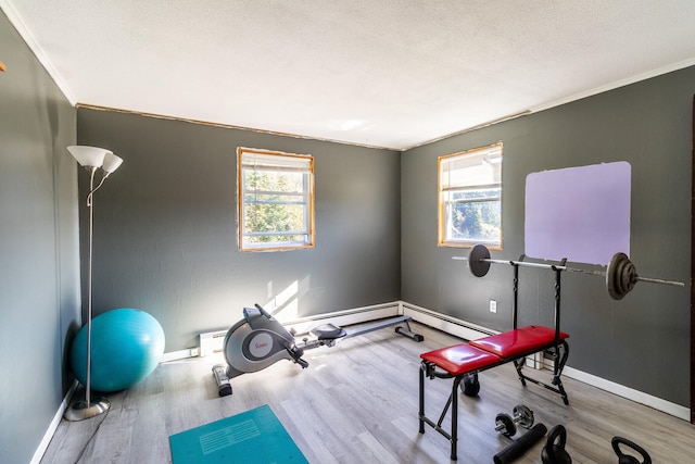 exercise area featuring light wood-type flooring, ornamental molding, and a textured ceiling