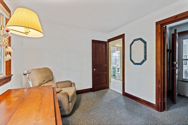 living area with carpet floors and crown molding