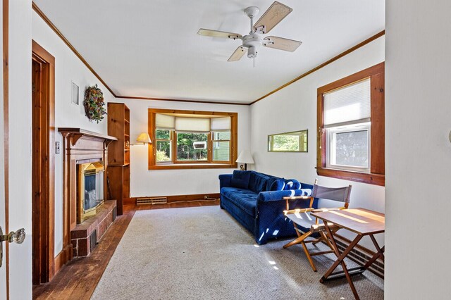 living room featuring ornamental molding, ceiling fan, dark hardwood / wood-style floors, and a healthy amount of sunlight