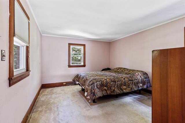 carpeted bedroom with ornamental molding