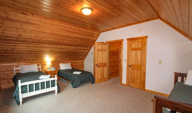 carpeted bedroom with lofted ceiling, wood walls, and wood ceiling