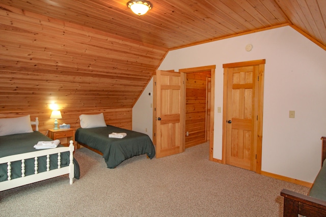 bedroom with wood ceiling, carpet floors, wooden walls, and vaulted ceiling