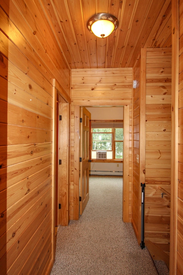 corridor with wooden walls, wooden ceiling, and carpet floors