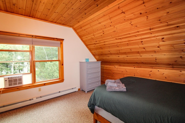 bedroom with wooden ceiling, cooling unit, lofted ceiling, light colored carpet, and baseboard heating