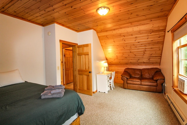 carpeted bedroom featuring a baseboard radiator, wood ceiling, and ornamental molding