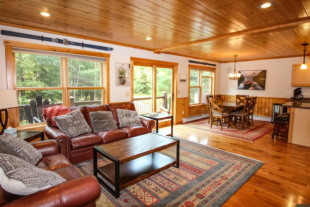 living room featuring wooden ceiling, a chandelier, hardwood / wood-style floors, and wooden walls