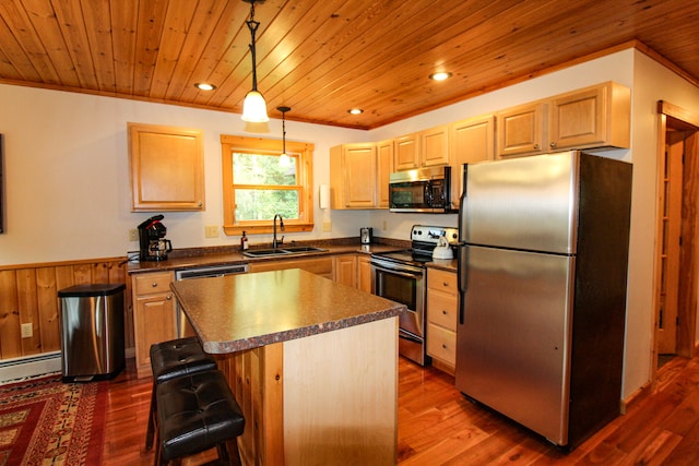 kitchen featuring a kitchen island, dark hardwood / wood-style floors, pendant lighting, appliances with stainless steel finishes, and sink