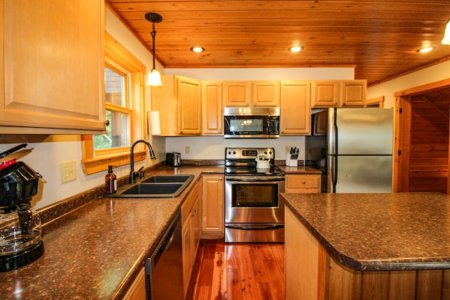 kitchen with dark hardwood / wood-style floors, wood ceiling, stainless steel appliances, sink, and dark stone counters