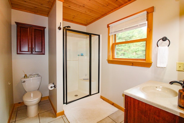 bathroom featuring vanity, toilet, a shower with shower door, and wood ceiling