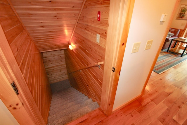 staircase featuring wood walls and wood-type flooring