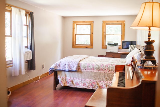 bedroom with dark hardwood / wood-style floors