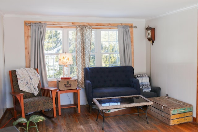 living area with ornamental molding, plenty of natural light, and dark wood-type flooring