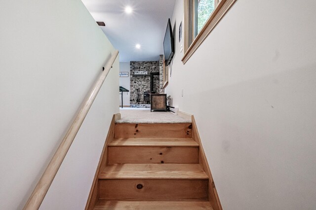 stairs with a wood stove