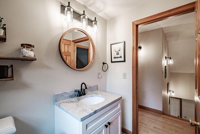 bathroom with vanity, hardwood / wood-style flooring, and toilet