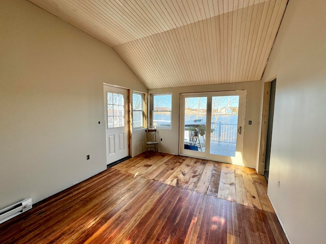 unfurnished sunroom featuring wood ceiling, lofted ceiling, and a baseboard heating unit