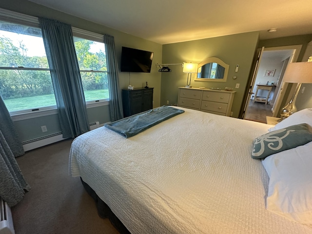 bedroom featuring dark carpet and baseboard heating