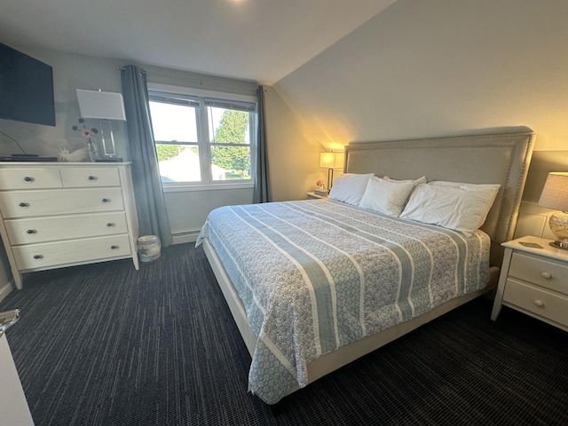 bedroom featuring lofted ceiling and dark carpet