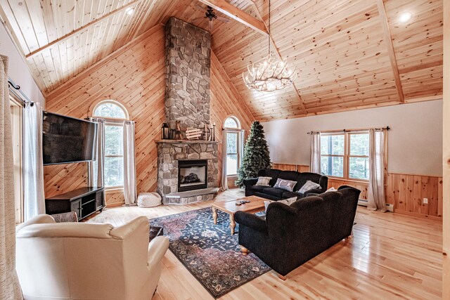 living room featuring high vaulted ceiling, wooden walls, wood ceiling, and light hardwood / wood-style floors