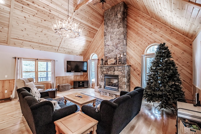 living room featuring light wood-type flooring, wood walls, wood ceiling, high vaulted ceiling, and a fireplace