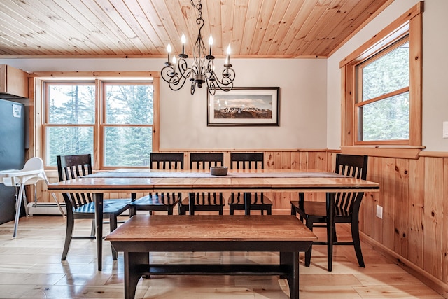 dining area with wooden ceiling, an inviting chandelier, plenty of natural light, light wood-type flooring, and a wainscoted wall