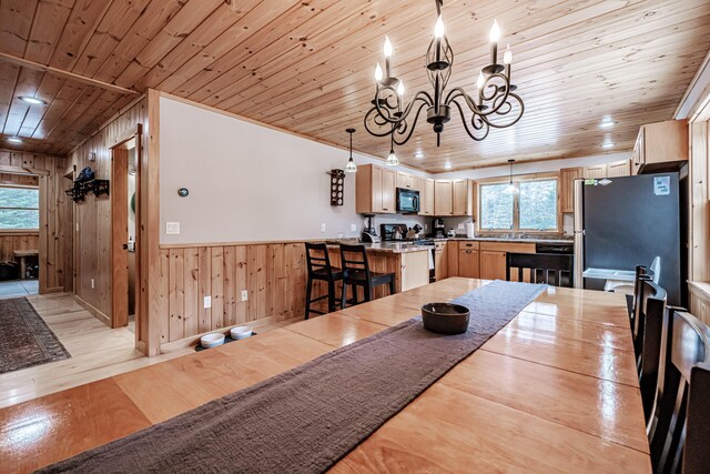 dining room featuring wooden ceiling, a notable chandelier, light wood-style floors, wooden walls, and a wainscoted wall