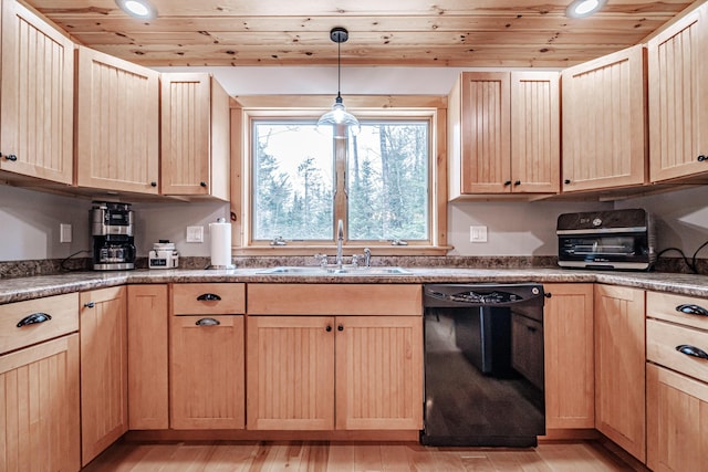 kitchen with black dishwasher, wooden ceiling, light brown cabinetry, and light wood-type flooring