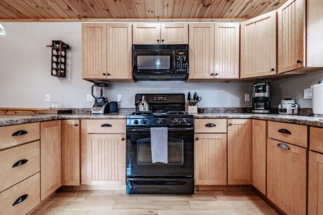 kitchen with light brown cabinetry, black appliances, wood ceiling, and light hardwood / wood-style flooring