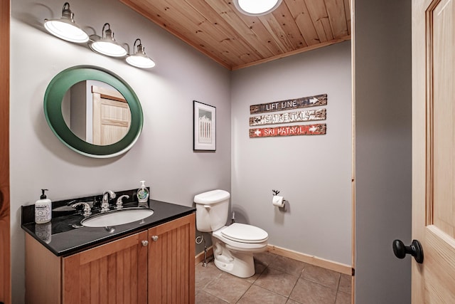 half bath featuring vanity, baseboards, tile patterned flooring, toilet, and wood ceiling