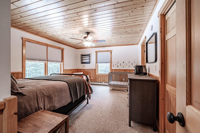 bedroom with ceiling fan, a baseboard radiator, wood ceiling, and wood walls