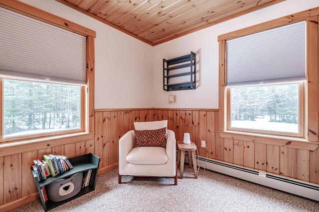 sitting room featuring a baseboard radiator, wood walls, and wainscoting