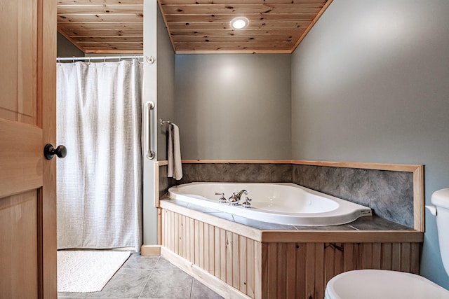 full bathroom with tile patterned flooring, a bath, wood ceiling, and toilet
