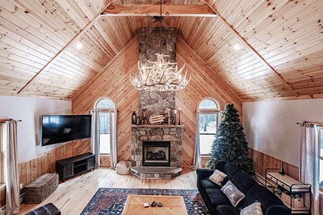 living room featuring wood ceiling, wooden walls, light hardwood / wood-style flooring, high vaulted ceiling, and a fireplace