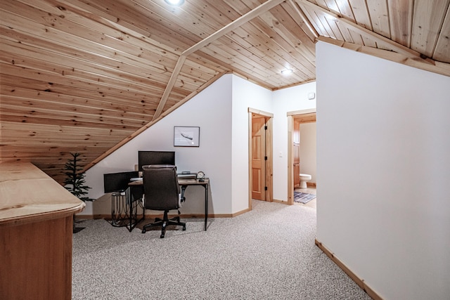 carpeted office with wood ceiling and lofted ceiling with beams