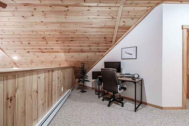 office area with lofted ceiling with beams, a baseboard radiator, wooden ceiling, and light colored carpet