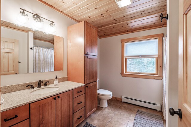 full bath with vanity, tile patterned flooring, toilet, wooden ceiling, and a baseboard heating unit